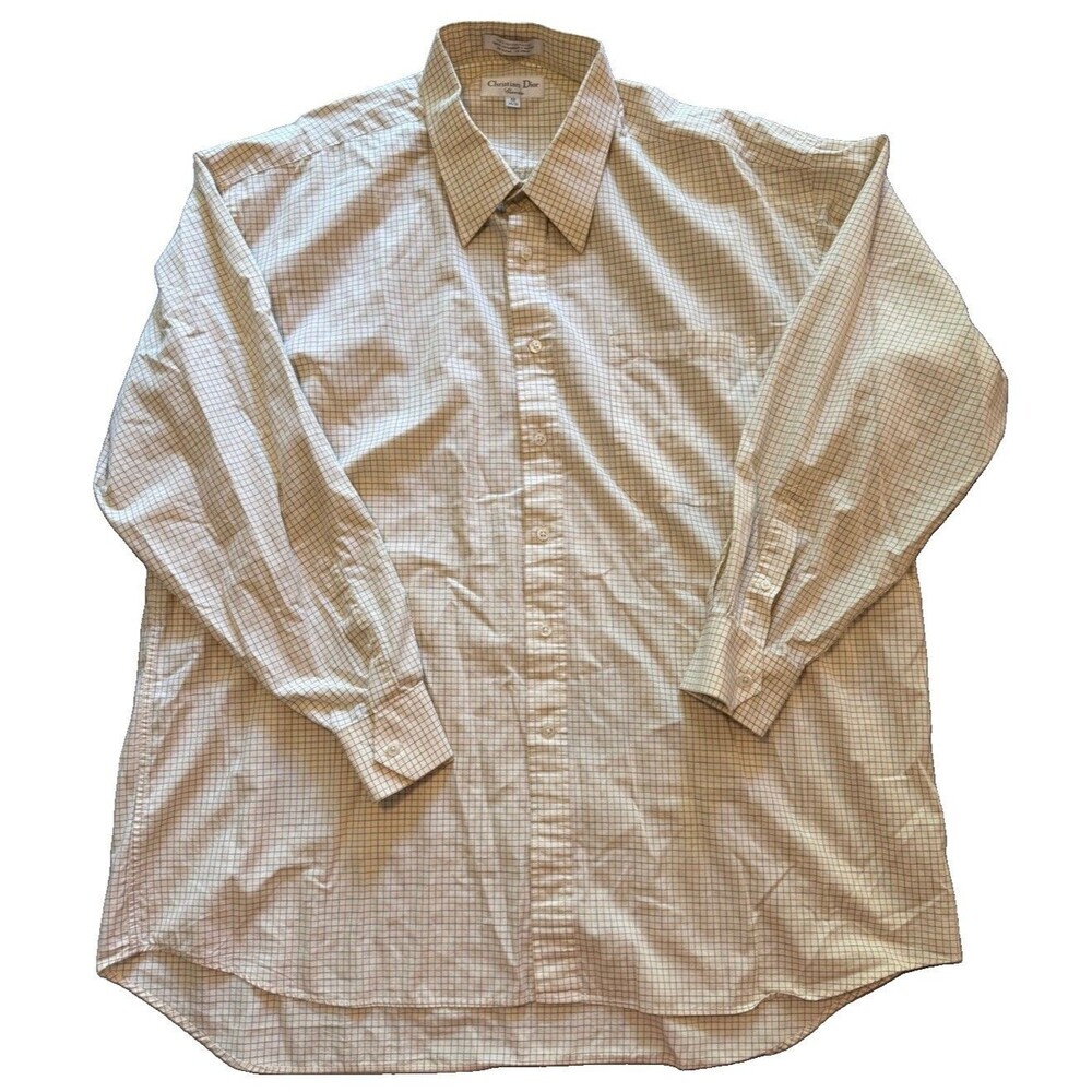 Vintage Christian Dior Shirt Mens 18 34/35 2XL Cream Brown Plaid Dress Chemise
